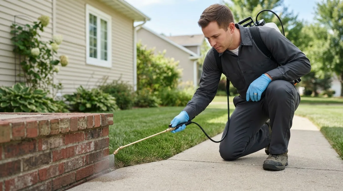 Pest control technician treating a home near Needles, CA